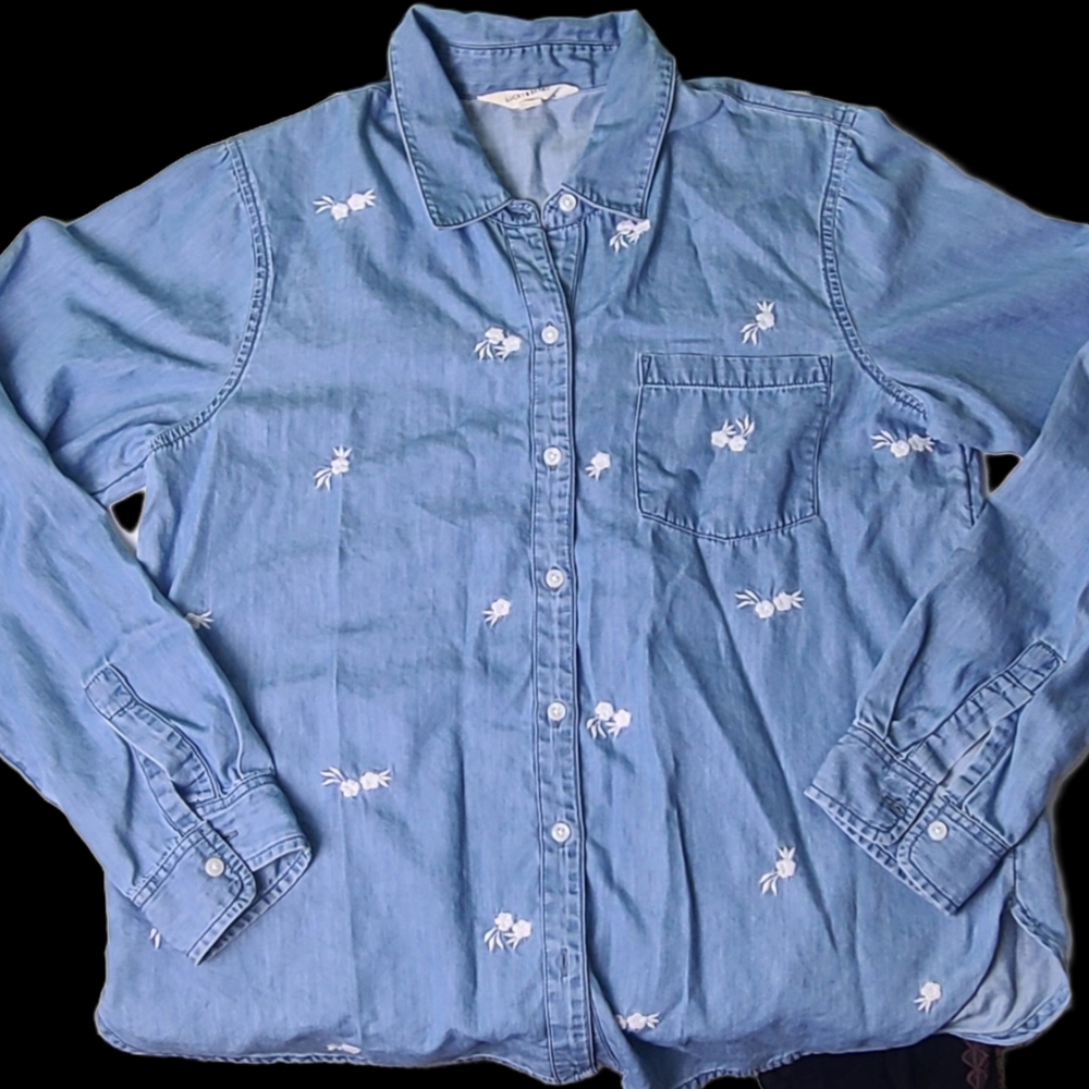 Lucky Brand Button-Up Denim Shirt with White Embroidery